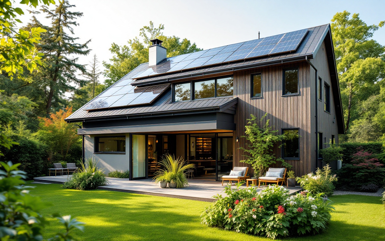 Maison écoénergétique avec un système de pompe à chaleur, dotée de panneaux solaires, entourée de verdure luxuriante, sous une lumière du jour brillante qui met en valeur le design moderne.