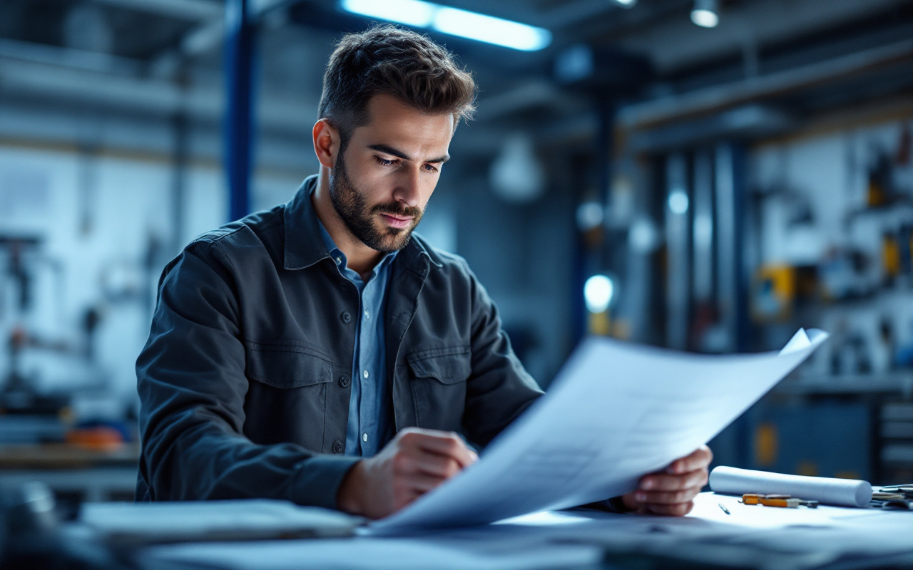 Un technicien certifi&eacute; examinant des plans d'installation, concentr&eacute;, dans un environnement de travail rempli de plans et d'outils.