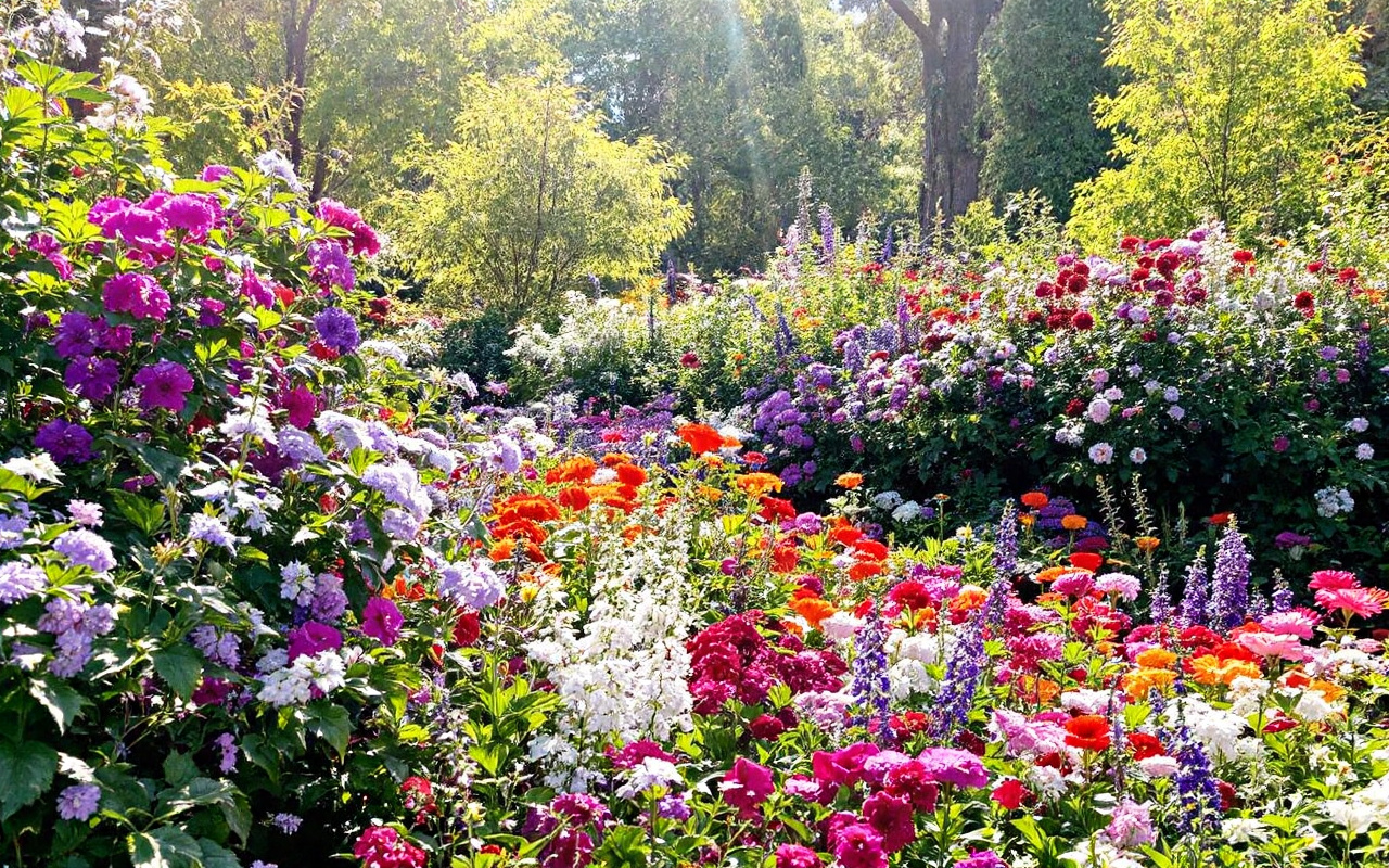 Une vue des jardins de Tivoli à Copenhague, ornés de fleurs éclatantes et entourés de verdure luxuriante, sous un soleil radieux.