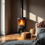 Poêle à bois moderne allumé dans un salon chaleureux, sol en bois, canapé avec plaids, étagère minimaliste, lumière volumétrique douce au coucher du soleil filtrant par la fenêtre, tons chauds bruns et oranges créant une ambiance intime.