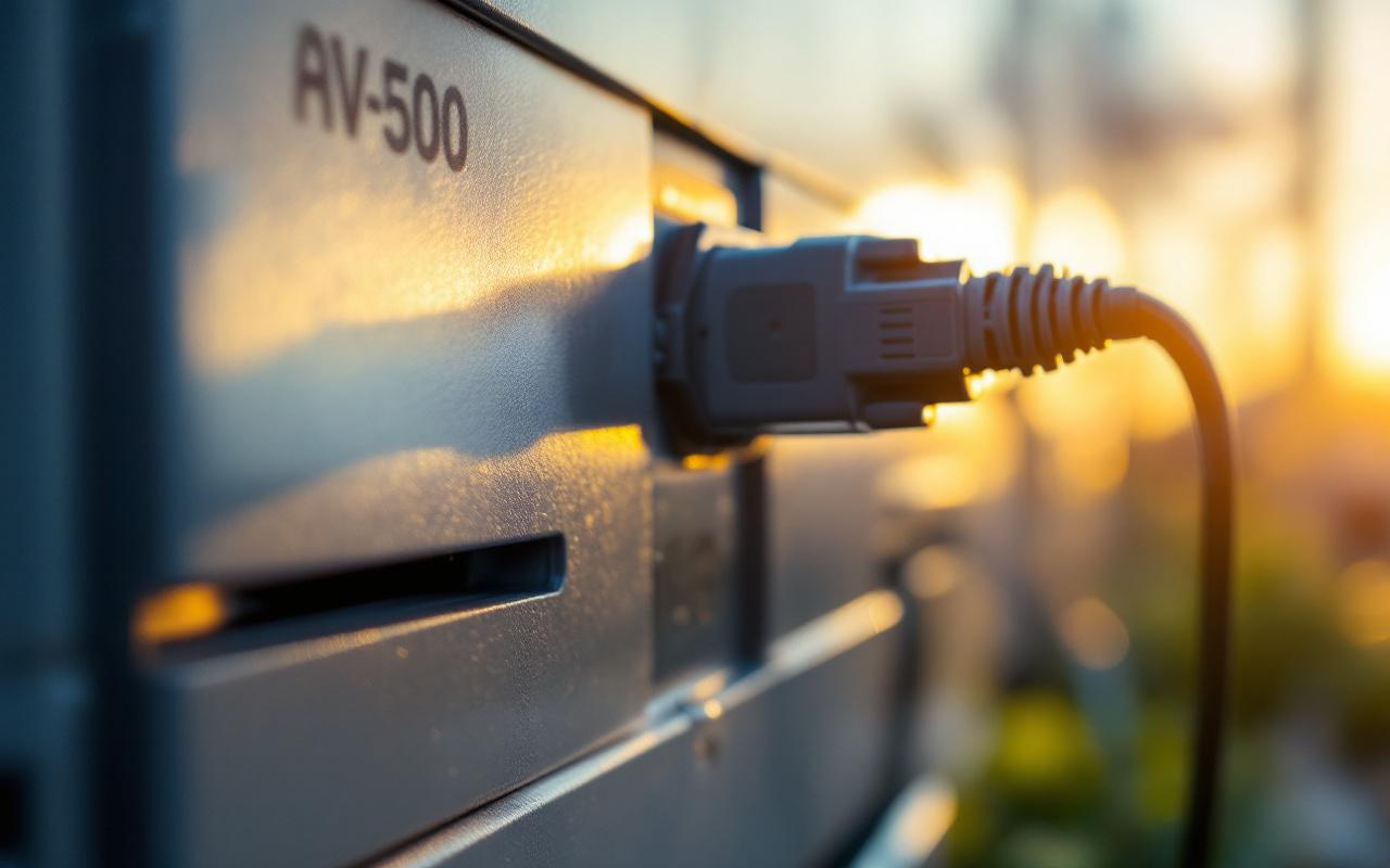 Gros plan d'un micro-onduleur relié à une prise AC, boîtier métallique gris et argenté, câble noir, textures nettes, fond industriel flou et éclairage volumétrique chaud au coucher du soleil.