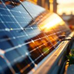 Photo réaliste d'un petit panneau solaire sur un balcon urbain, branché à une prise murale extérieure, câbles visibles, lumière dorée du coucher de soleil, ombres douces et textures détaillées.