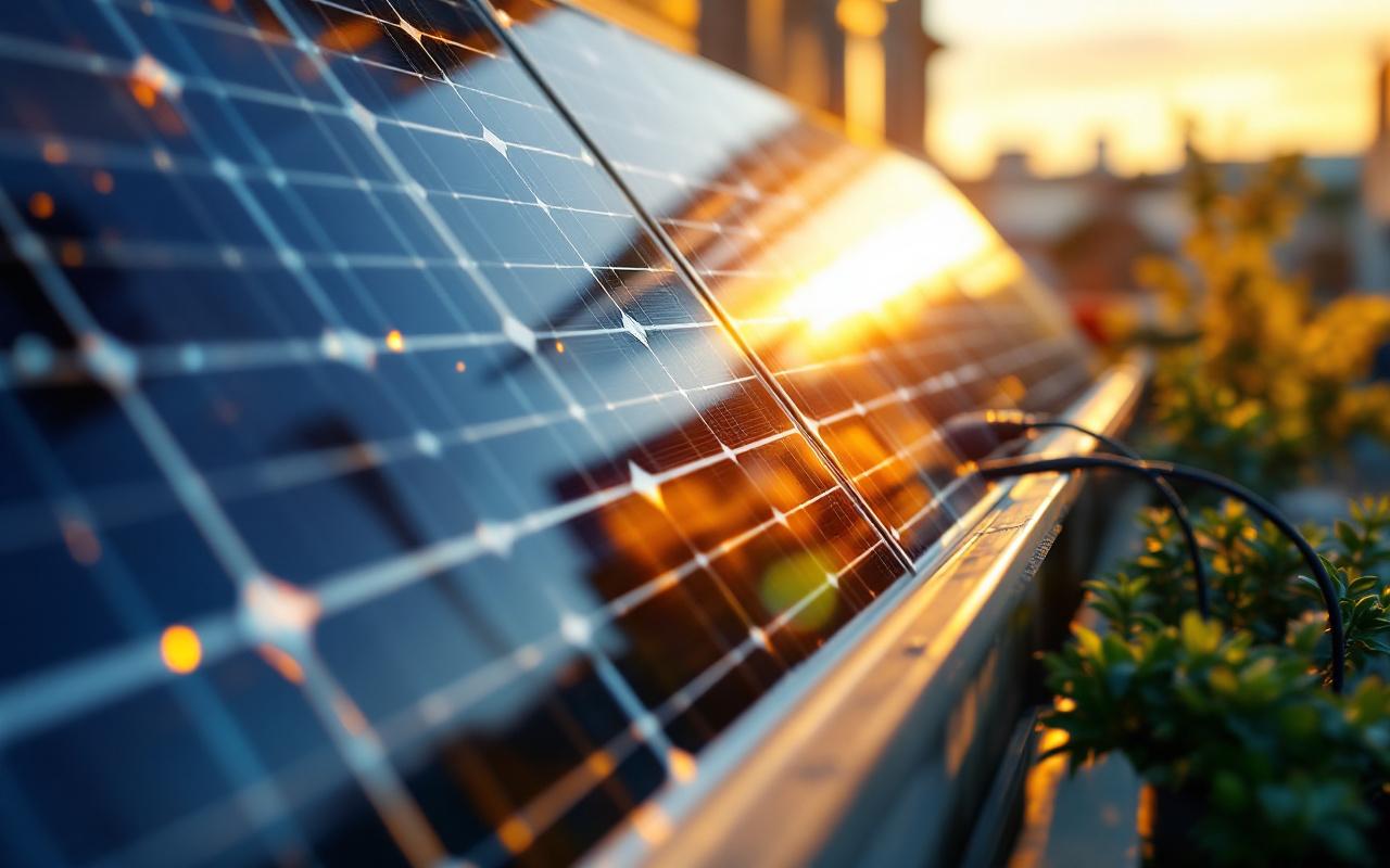 Photo réaliste d'un petit panneau solaire sur un balcon urbain, branché à une prise murale extérieure, câbles visibles, lumière dorée du coucher de soleil, ombres douces et textures détaillées.