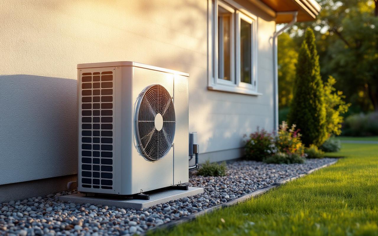 Unité extérieure d'une pompe à chaleur aérothermique fixée à la façade d'une maison, panneaux solaires visibles sur le toit, bardage texturé et lit de gravier en dessous, végétation de jardin, lumière volumétrique chaude du coucher de soleil.