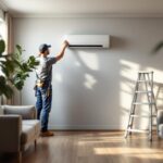 Un technicien installe une climatisation inverter murale dans un salon rénové. Il est sur une échelle avec des outils à portée de main, canapé gris et sol en bois visibles, lumière naturelle douce traversant la pièce.