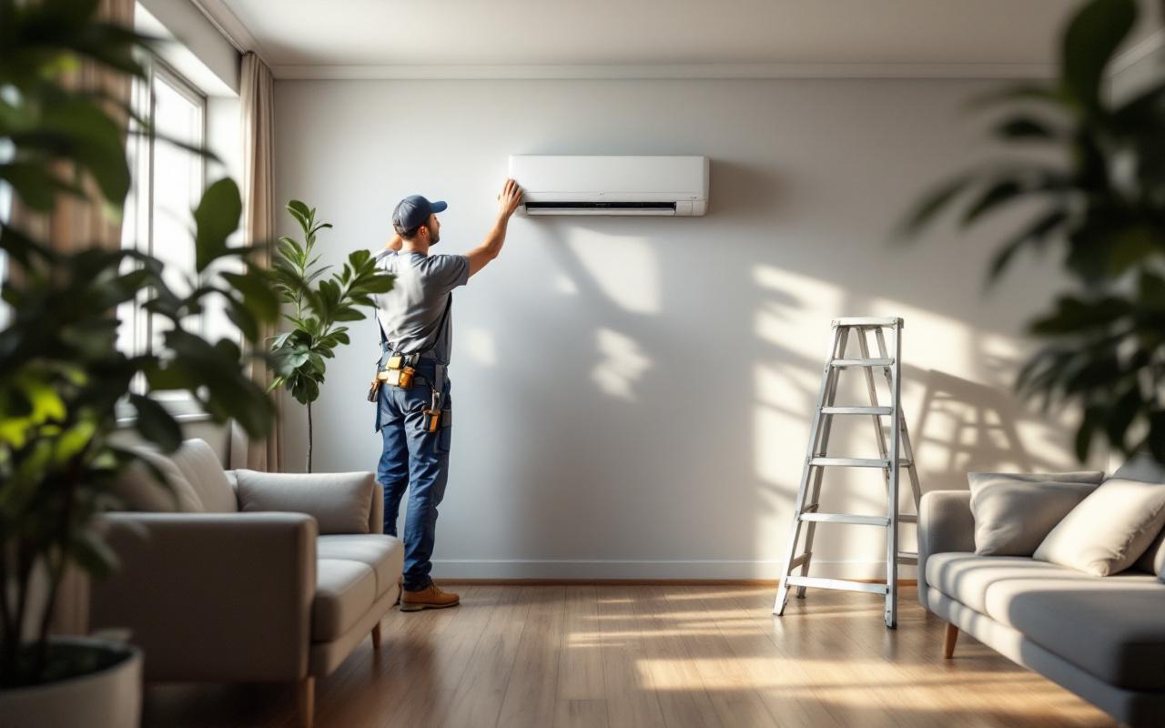 Un technicien installe une climatisation inverter murale dans un salon rénové. Il est sur une échelle avec des outils à portée de main, canapé gris et sol en bois visibles, lumière naturelle douce traversant la pièce.
