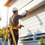 Installateur posant un volet roulant solaire sur une fenêtre résidentielle, sur une échelle, équipé d'un harnais et d'une perceuse, panneaux solaires visibles sur le tablier, lumière du jour douce et façade en arrière-plan.