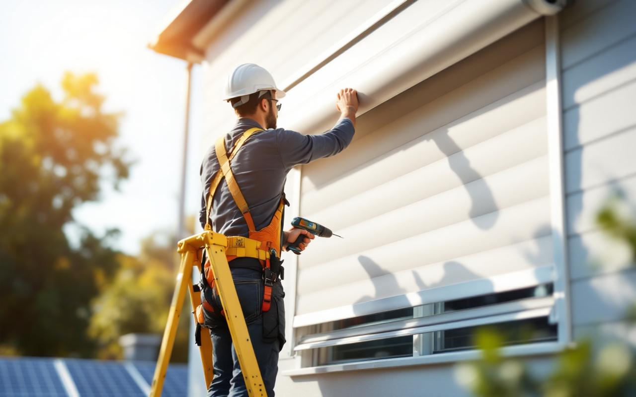 Installateur posant un volet roulant solaire sur une fenêtre résidentielle, sur une échelle, équipé d'un harnais et d'une perceuse, panneaux solaires visibles sur le tablier, lumière du jour douce et façade en arrière-plan.