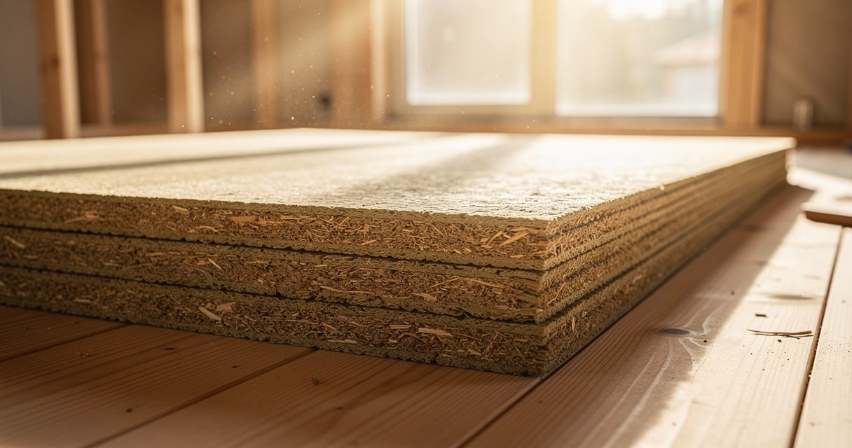 Panneaux de fibre de bois empilés sur un chantier de rénovation