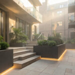 Travaux extérieurs jardin urbain : 8 priorités pour valoriser une cour Cour urbaine rénovée avec terrasse moderne, plantations en bacs, éclairage doux et allée contemporaine.