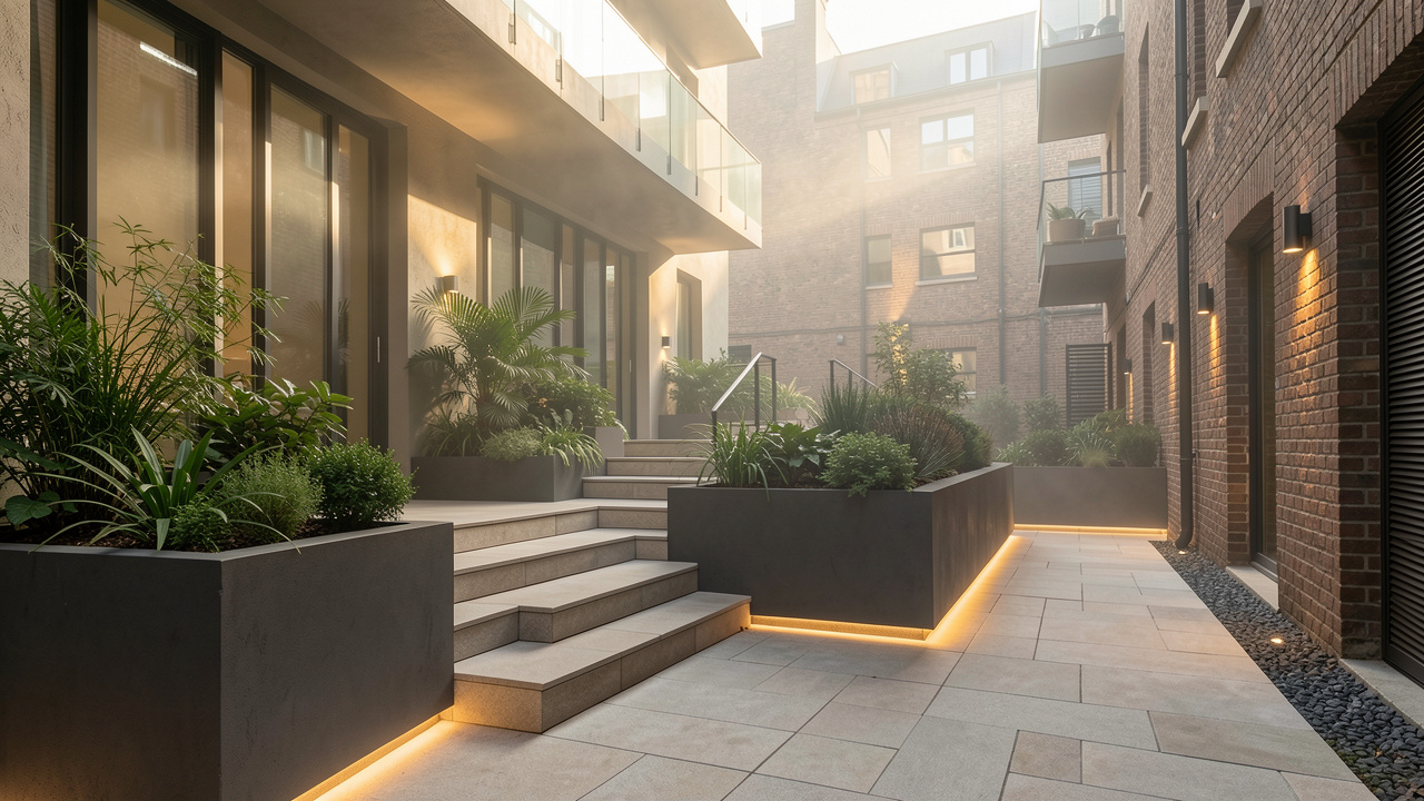 Cour urbaine rénovée avec terrasse moderne, plantations en bacs, éclairage doux et allée contemporaine.
