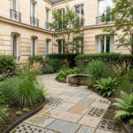 Cour d’immeuble parisienne végétalisée avec pavés drainants, noue plantée et dispositif discret de récupération des eaux de pluie.