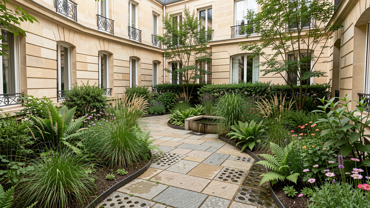 Cour d’immeuble parisienne végétalisée avec pavés drainants, noue plantée et dispositif discret de récupération des eaux de pluie.