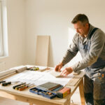 Planifier une rénovation intérieure : les 8 étapes clés Appartement lumineux en rénovation avec plans au sol, outils, échantillons de matériaux et artisan préparant le chantier.