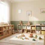 Aménager une chambre d’enfant évolutive : 7 repères pratiques Chambre d’enfant lumineuse et évolutive avec rangements bas en bois, tapis de jeu, jouets soigneusement disposés et décoration douce dans des tons crème, vert sauge et jaune pâle.