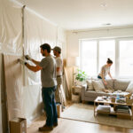 Organisation des travaux en appartement occupé : le guide pratique Appartement lumineux occupé pendant des travaux, avec bâches de protection, deux artisans au travail et un espace de vie provisoire aménagé.