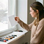 Une femme vérifie l’étanchéité d’une fenêtre avec une feuille de papier dans une maison lumineuse en hiver, tandis que des outils de calfeutrage sont posés sur l’appui.