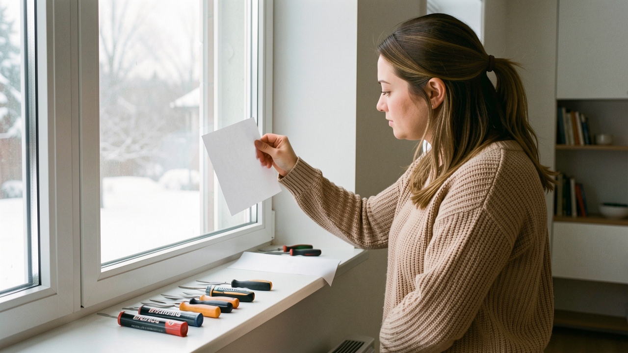 Une femme vérifie l’étanchéité d’une fenêtre avec une feuille de papier dans une maison lumineuse en hiver, tandis que des outils de calfeutrage sont posés sur l’appui.