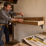 Un homme professionnel en tenue de travail fixe soigneusement une étagère murale dans l’intérieur lumineux d’une maison bretonne, avec des outils rangés et une protection au sol.